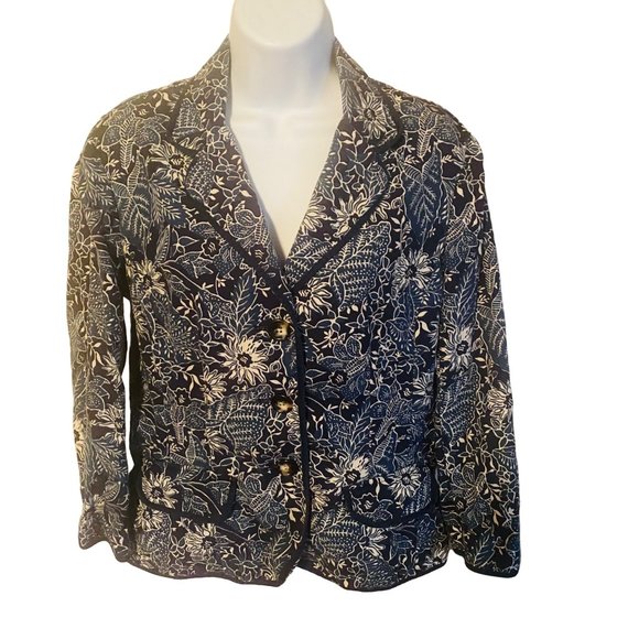 Eddie Bauer Jackets & Blazers - Eddie Bauer cotton and linen blue floral jacket size 8